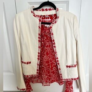 Red and White Patterned Escada cream leather jacket and matching silk blouse